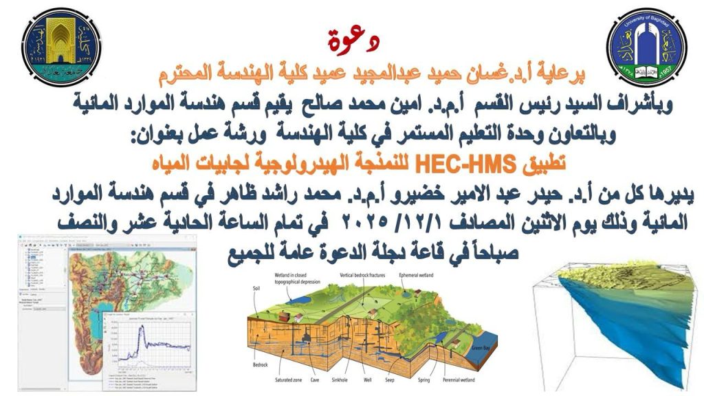 إعــلان: هندسة بغداد تنظّم ورشة تدريبية حول تطبيق HEC-HMS للنمذجة الهيدرولوجية لحوضيات المياه